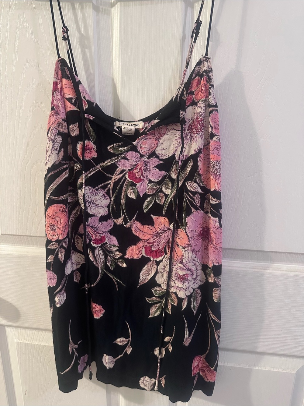 Billabong Black Floral Top with Pink and Green Blooms